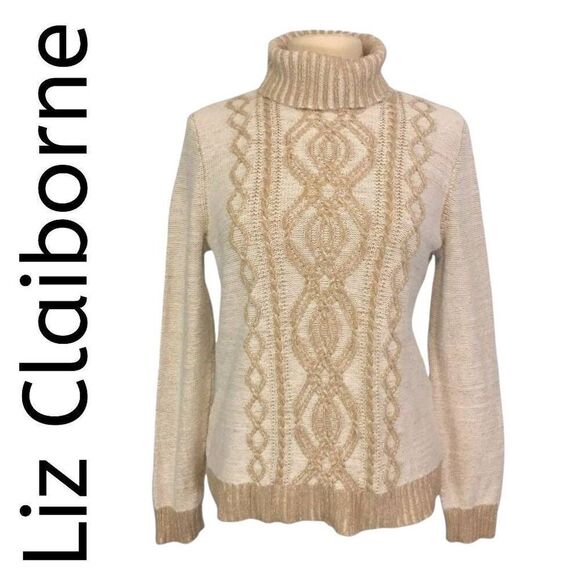 Liz Claiborne Neutral Off White Natural Cotton Ribbed Cable Turtleneck Sweater - Picture 1 of 6